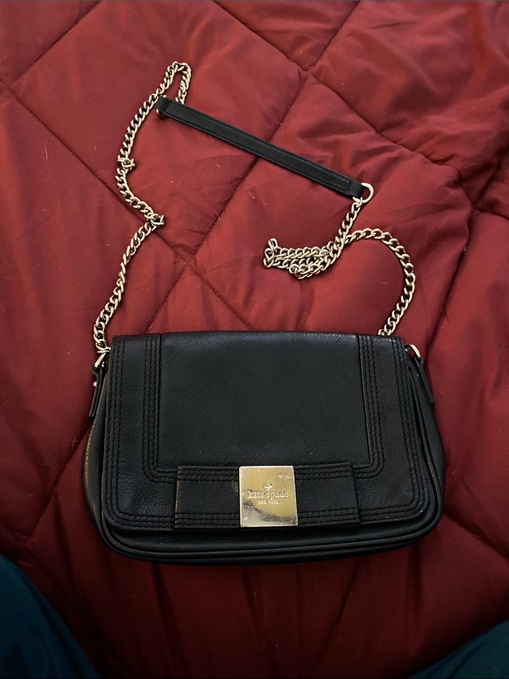 kate spade Black Leather Crossbody with Gold Chain